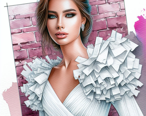 Glamorous Woman in Elegant White Dress Against Pink Wall