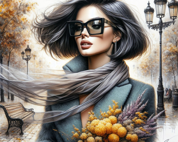 Chic Woman with Gray Hair in Autumn Setting