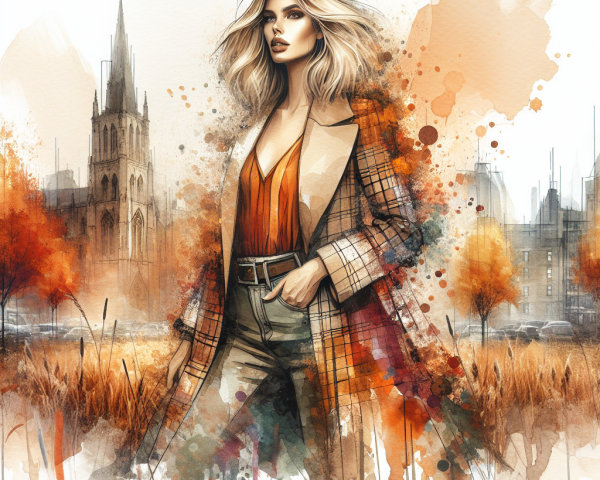 Fashionable Woman in Urban Autumn Setting with Plaid Coat