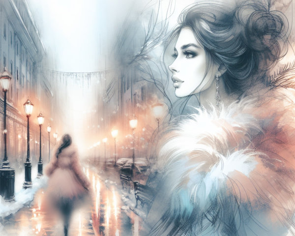 Whimsical Winter Scene with Elegant Woman and Mystery