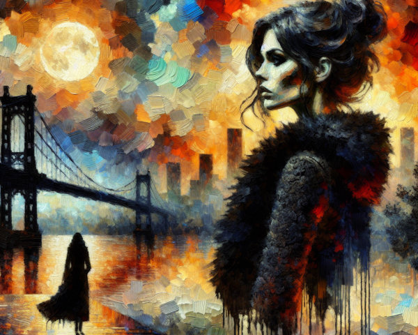 Pensive Woman Against Vibrant Cityscape at Night