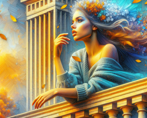 Elegant Woman on Classical Balcony with Floral Accents