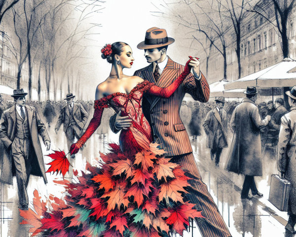 Couple Dancing in Autumn Foliage with City Life