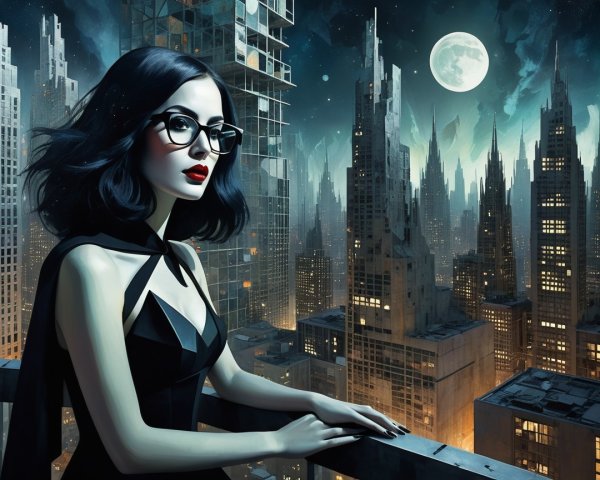 Woman in Black Top Overlooks Futuristic Cityscape