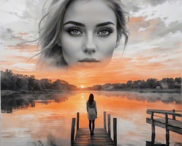 Serene Sunset Over Lake with Dreamlike Clouds