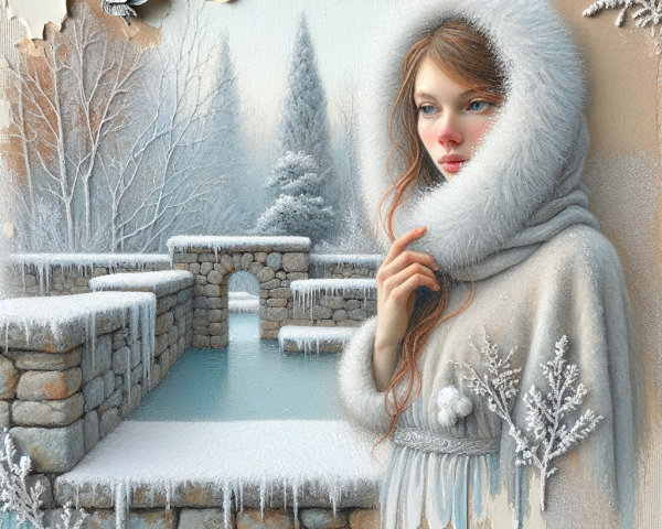 Digital Collage of Young Woman in Winter Garden