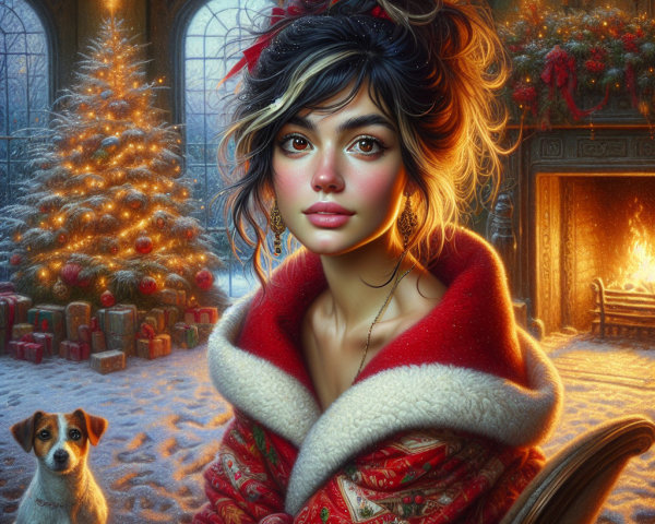 Young woman in snowy scene by Christmas fireplace