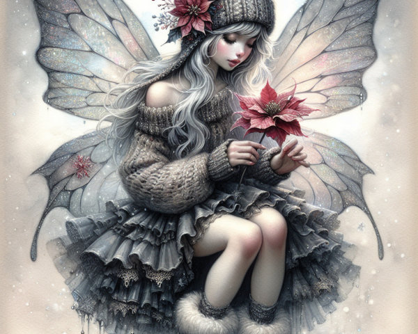 Whimsical Fairy with Poinsettia in Winter Scene