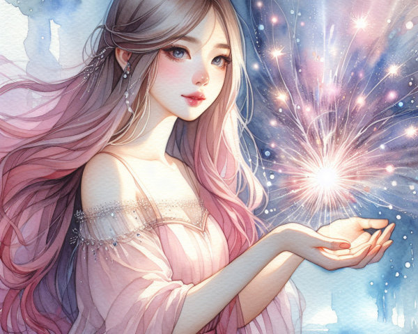 Mystical woman with pink hair and glowing orb