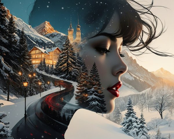 Woman's Profile Merged with Winter Landscape Scene