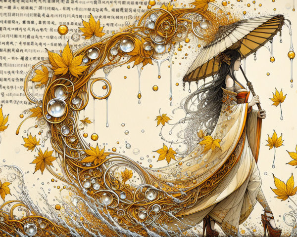 Elegant figure in gown amidst autumn leaves and water