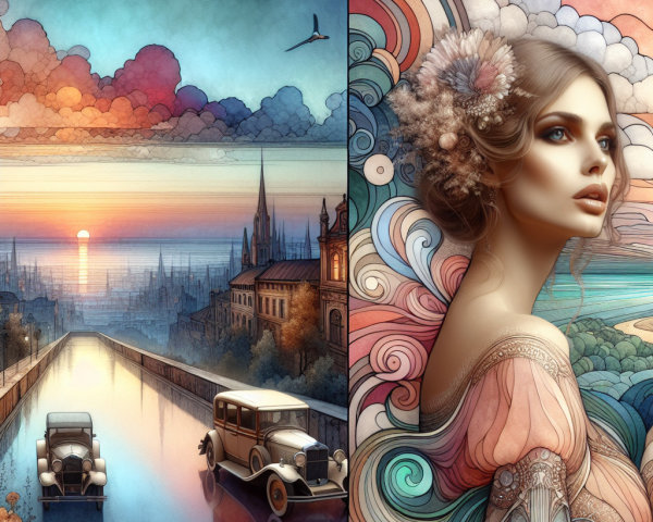 Split Scene of Sunset Cityscape and Floral Portrait