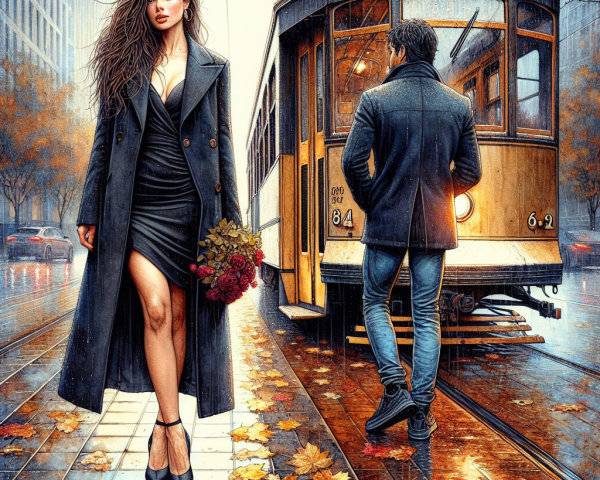 Stylish Woman with Roses on Rainy City Street