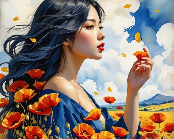 Young Woman in Vibrant Poppy Field Under Blue Sky