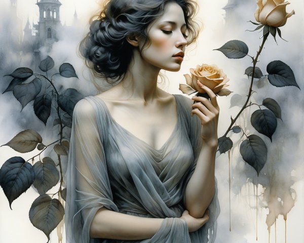 Serene Woman in Ethereal Gray Gown with Pale Rose