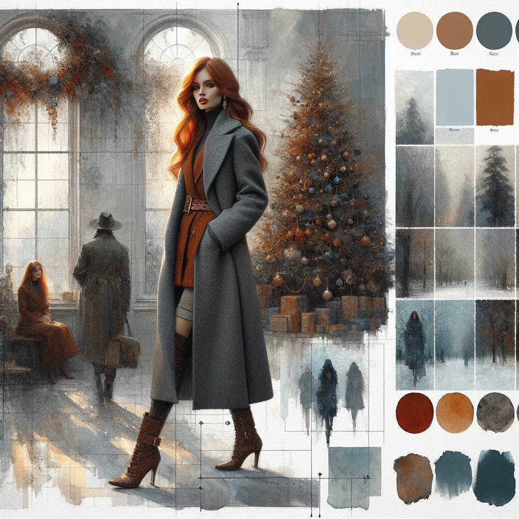 Digital Art of Woman with Red Hair by Christmas Tree