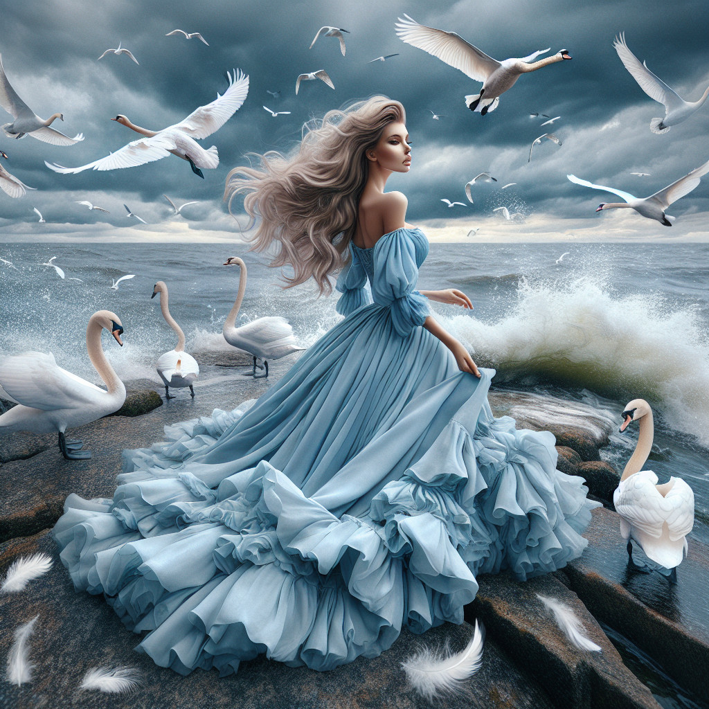 Woman in light blue gown on rocky shore with swans