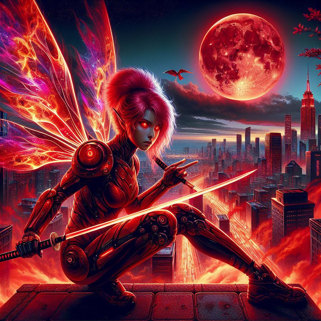 Cybernetic Fairy Overlooking Futuristic City Skyline