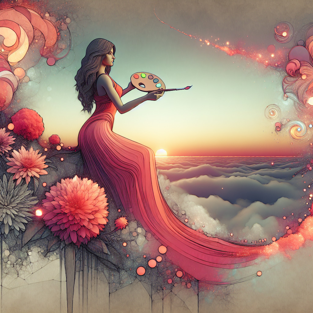 Serene Figure in Red Gown Overlooking Sunset景