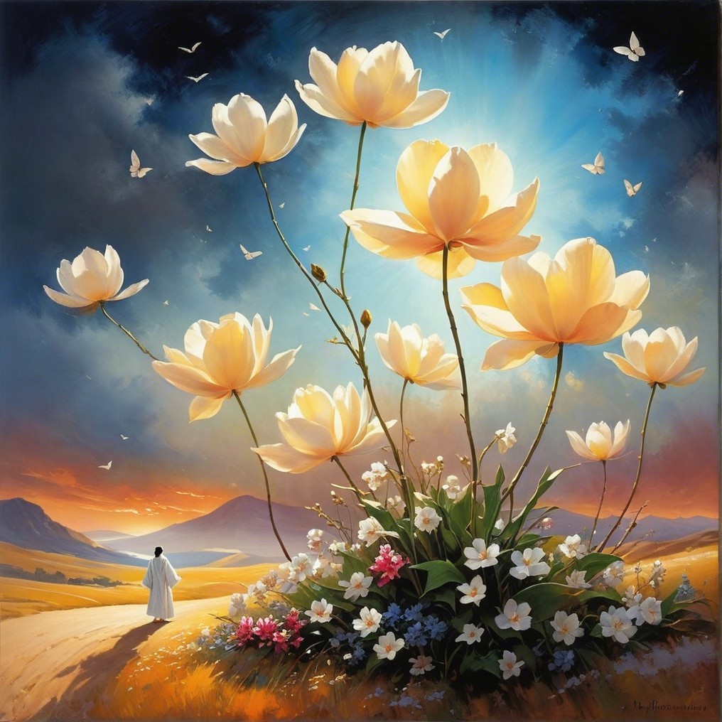 Serene Landscape with Vibrant Flowers and Butterflies