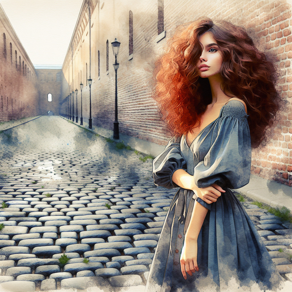 Young woman in elegant dress in cobblestone alleyway