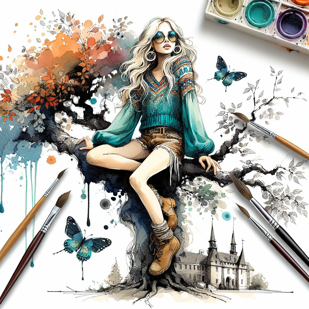 Fashionable Woman on Tree Branch in Vibrant Outfit