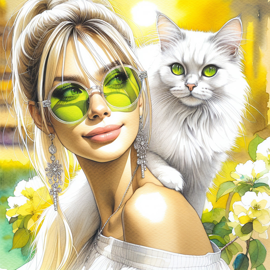 Young woman with cat in vibrant floral setting