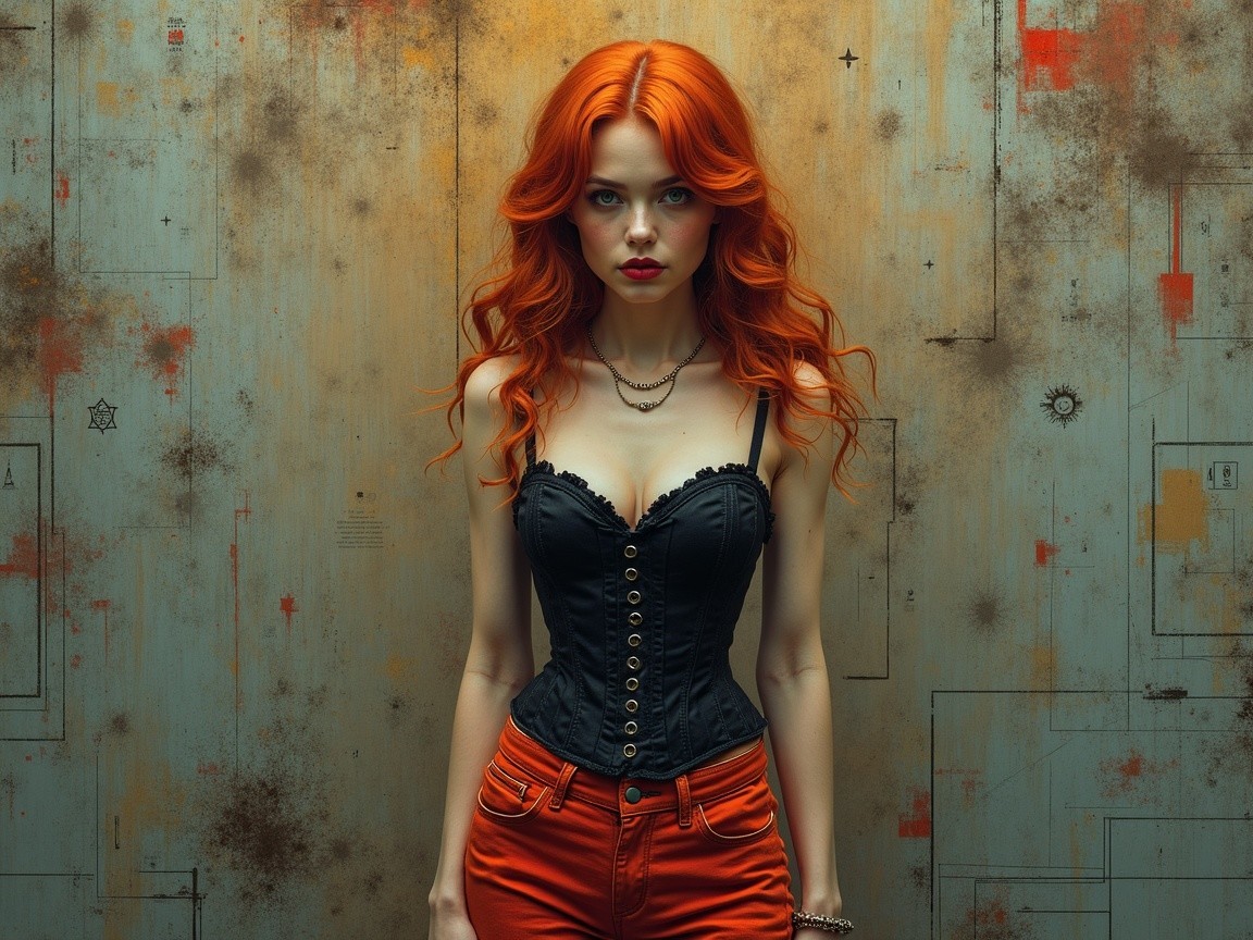 Woman with Red Hair in Black Corset and Orange Pants