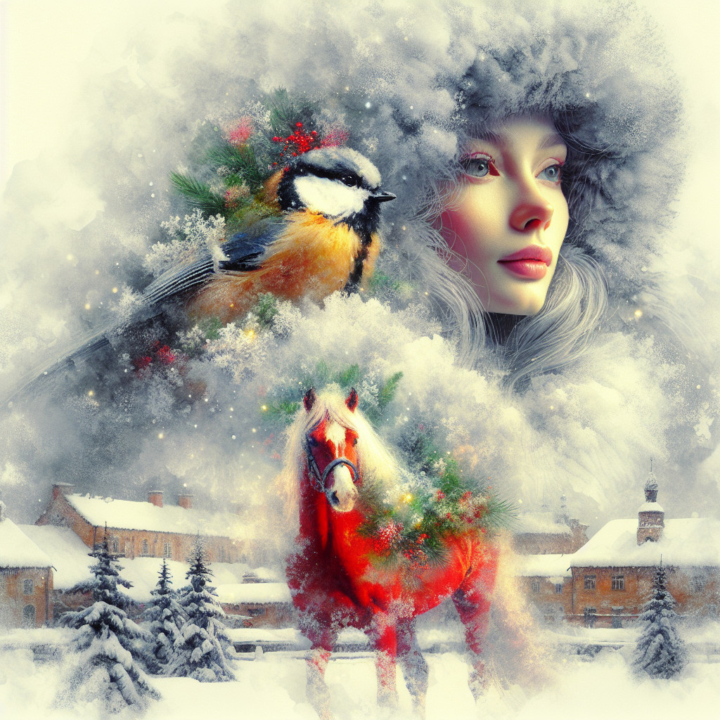 Winter Watercolor Art Featuring Ethereal Woman and Nature