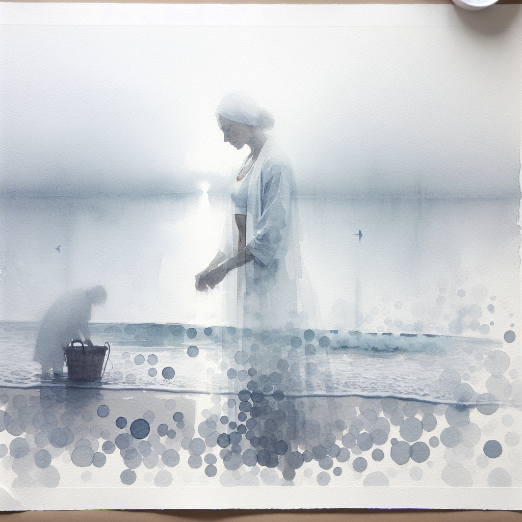 Watercolor Scene of Figures at a Tranquil Beach
