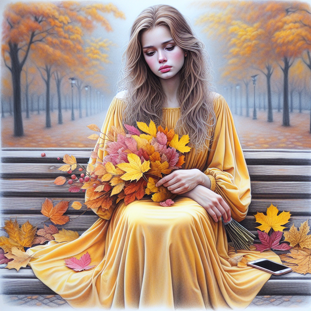 Young Woman in Yellow Dress Surrounded by Autumn Leaves