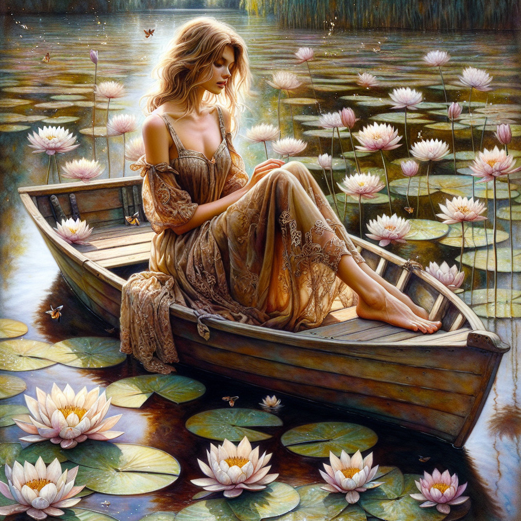 Tranquil Lake Scene with Woman in Wooden Boat
