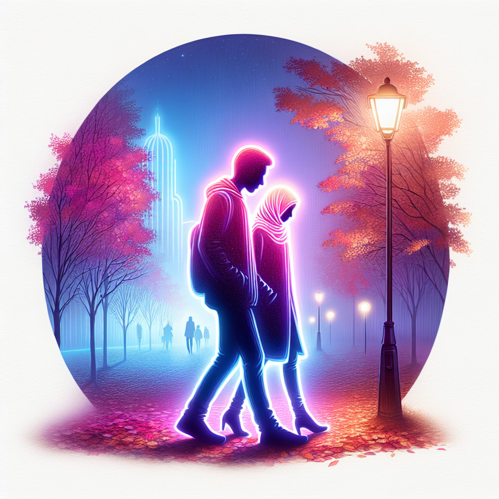 Couple Walking in Illuminated Autumn Park at Night