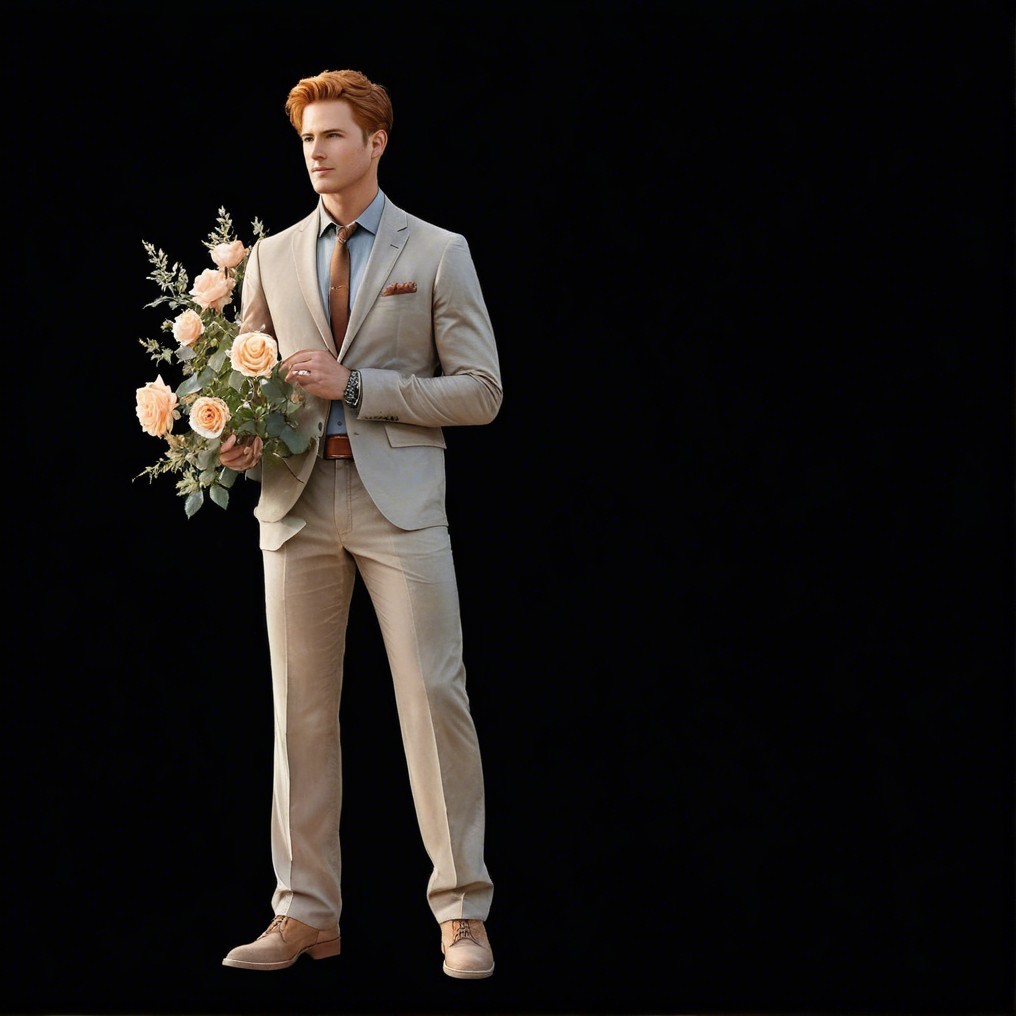 Stylish Man in Light Gray Suit with Pink Roses