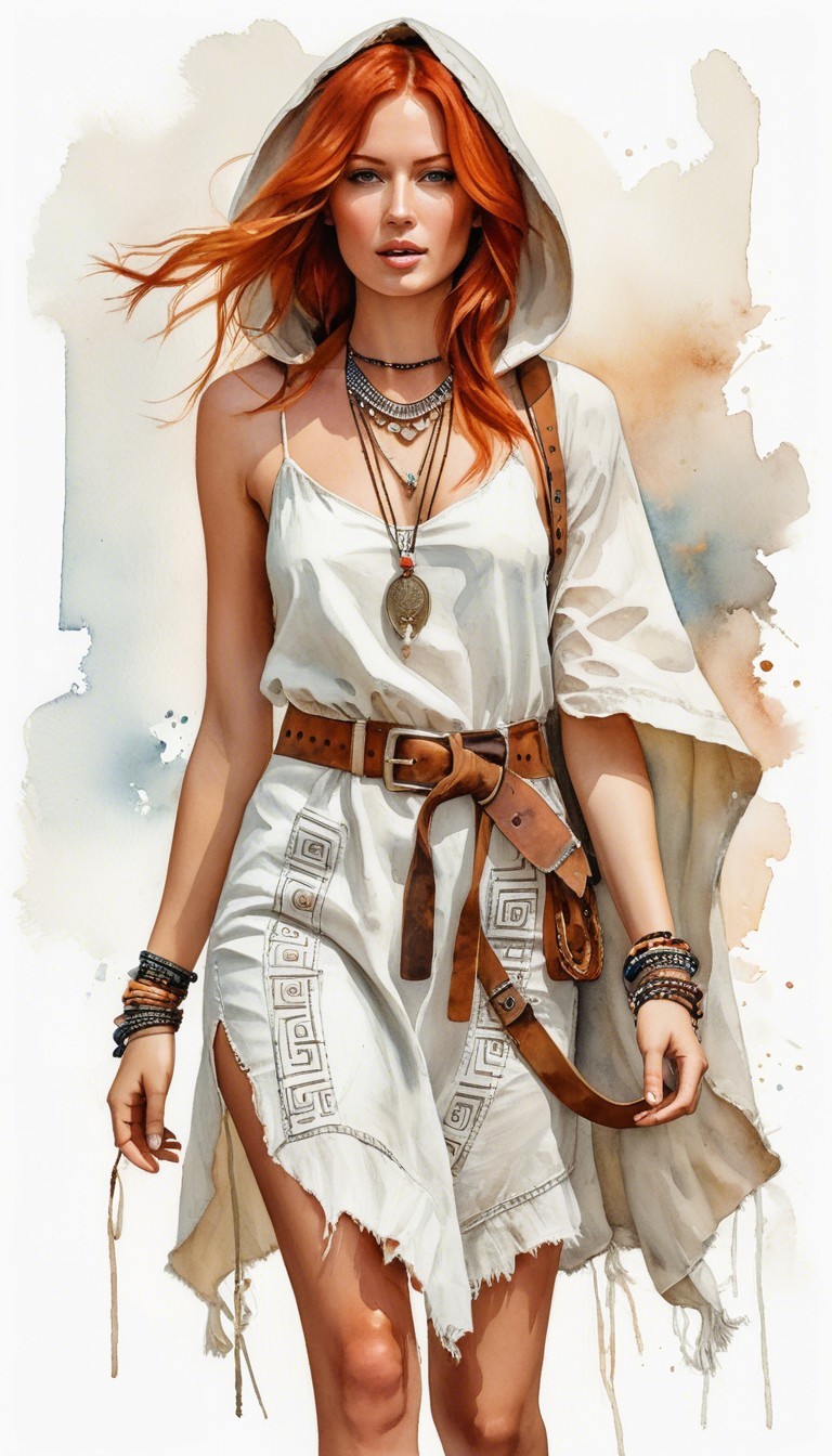 Young woman in white dress with hooded cape and jewelry