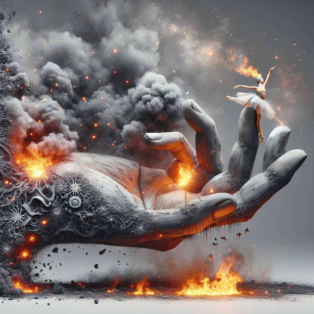 Colossal Hand with Ballerina Amidst Fire and Smoke