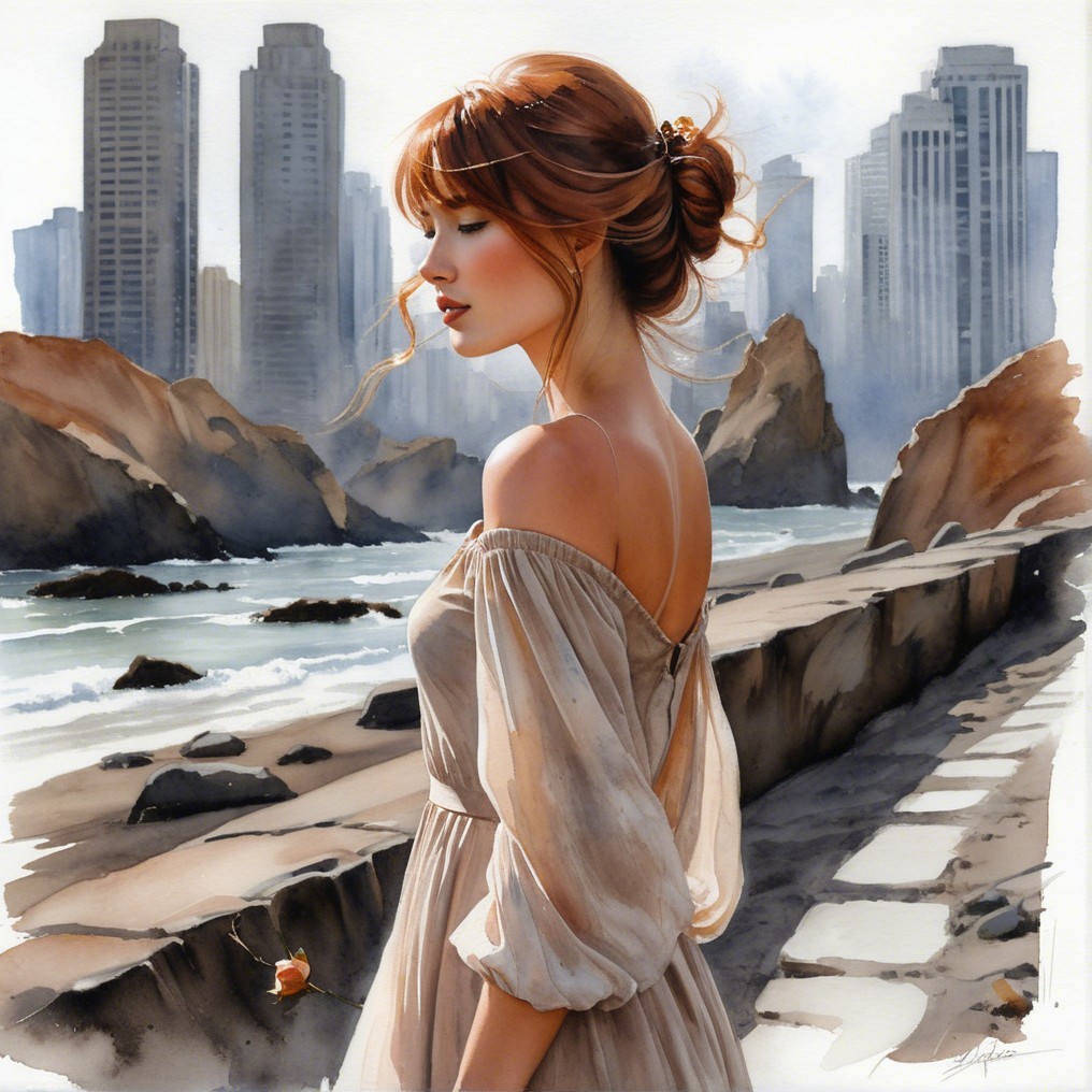 Young Woman by Rocky Coastline with Urban Backdrop