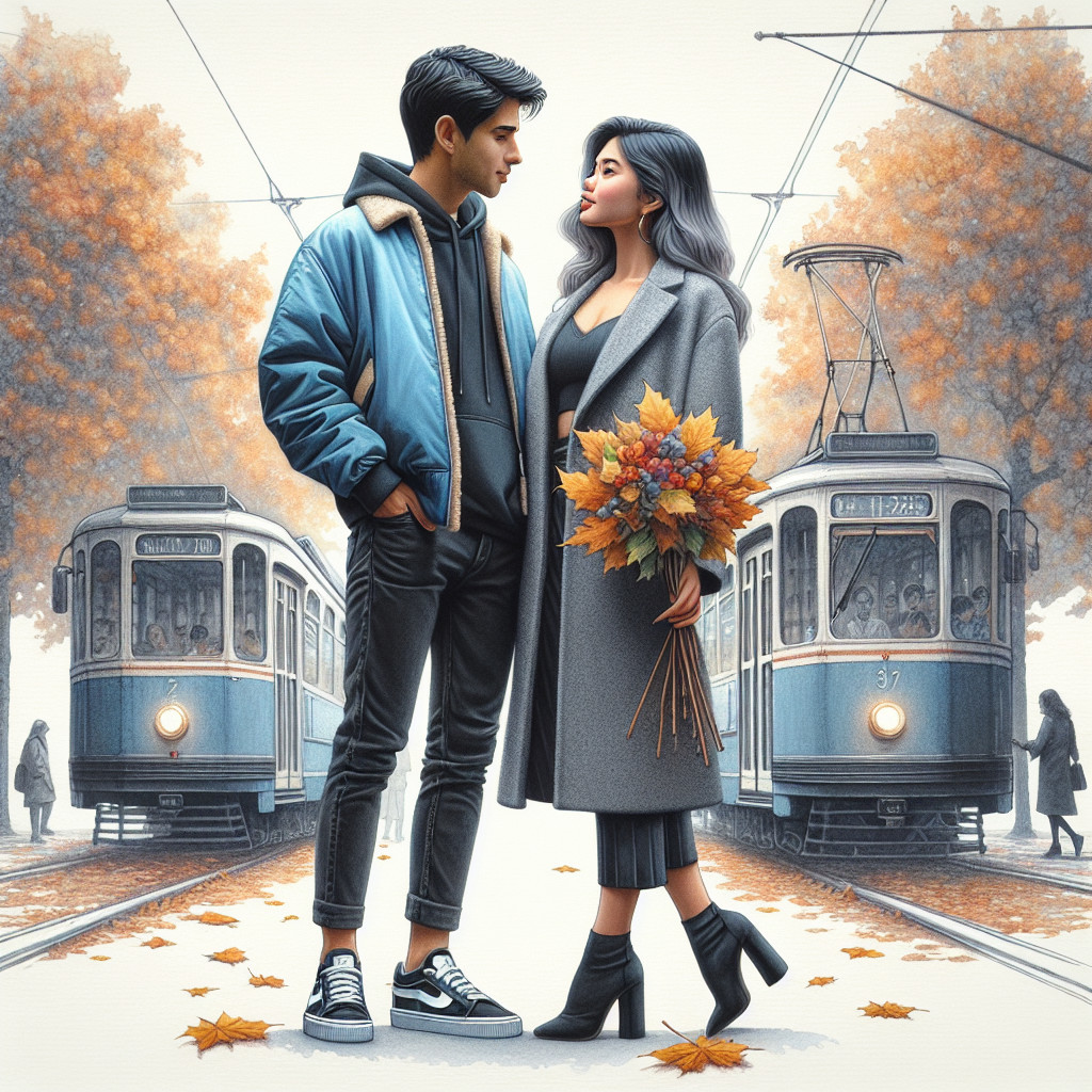 Young Couple on Tram Platform in Autumn Setting
