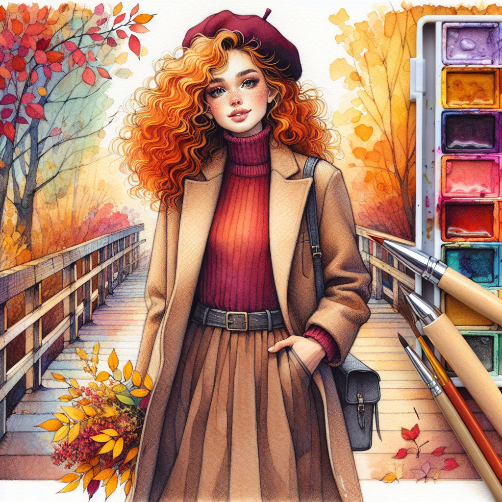 Young Woman with Red Hair on Autumn Bridge