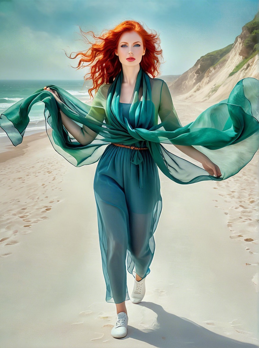 Woman with red hair in turquoise outfit on beach