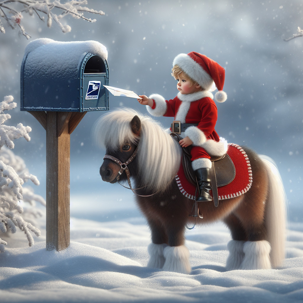 Child in Santa Suit on Pony by Mailbox in Snow