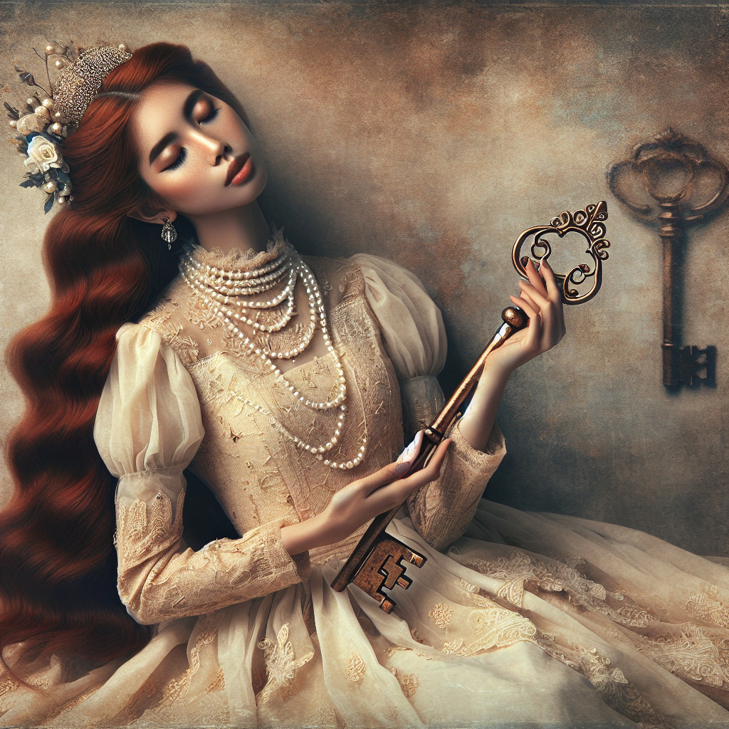 Regal Figure in Vintage Ivory Gown with Ornate Key