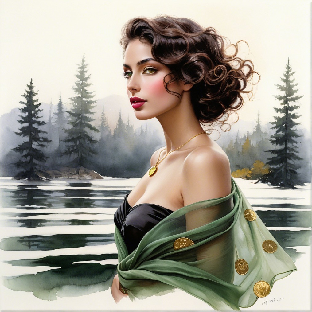 Portrait of a Woman in Elegant Attire by a Lake
