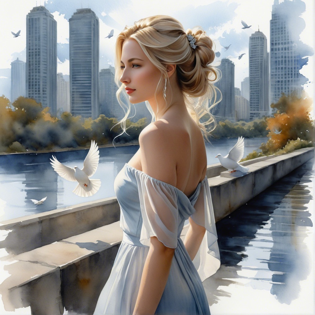 Young Woman in Blue Dress Overlooking Cityscape