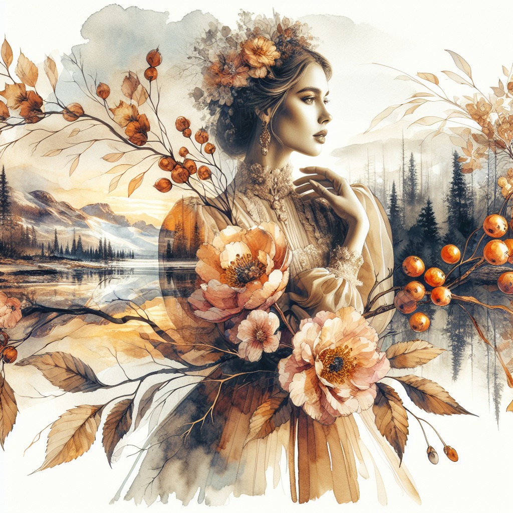 Portrait of a woman with flowers in serene landscape