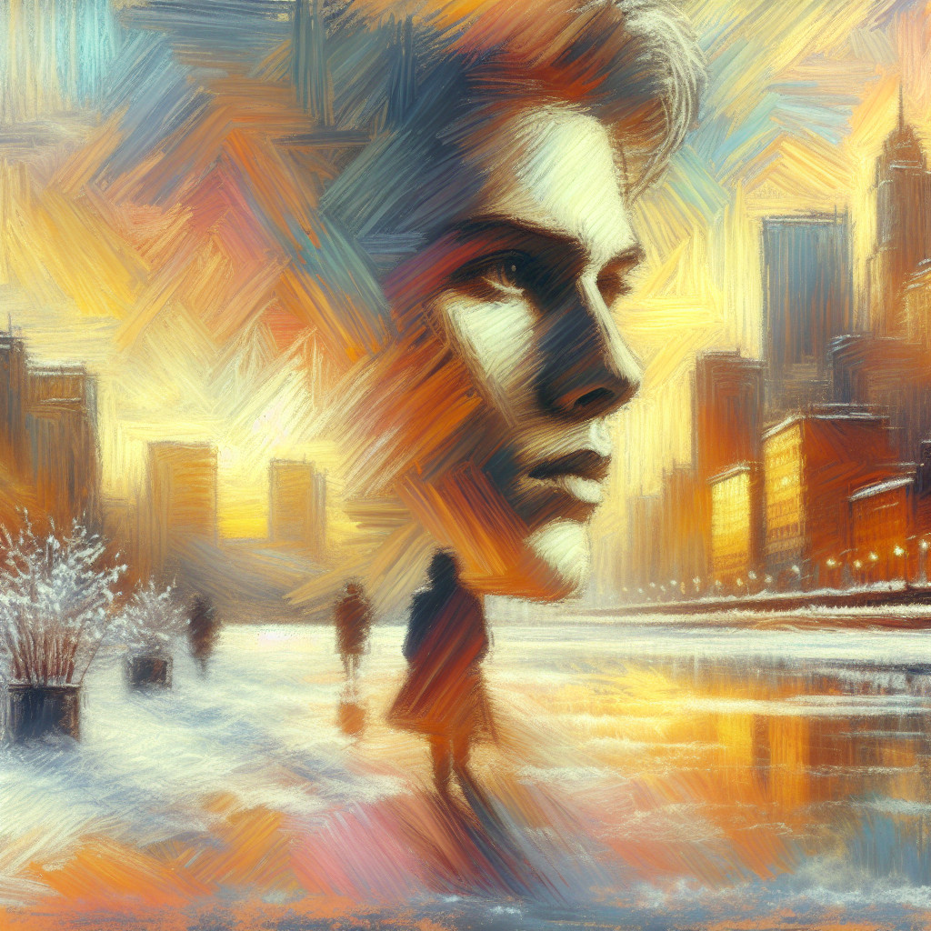 Stylized Portrait of Young Man in Cityscape at Sunset