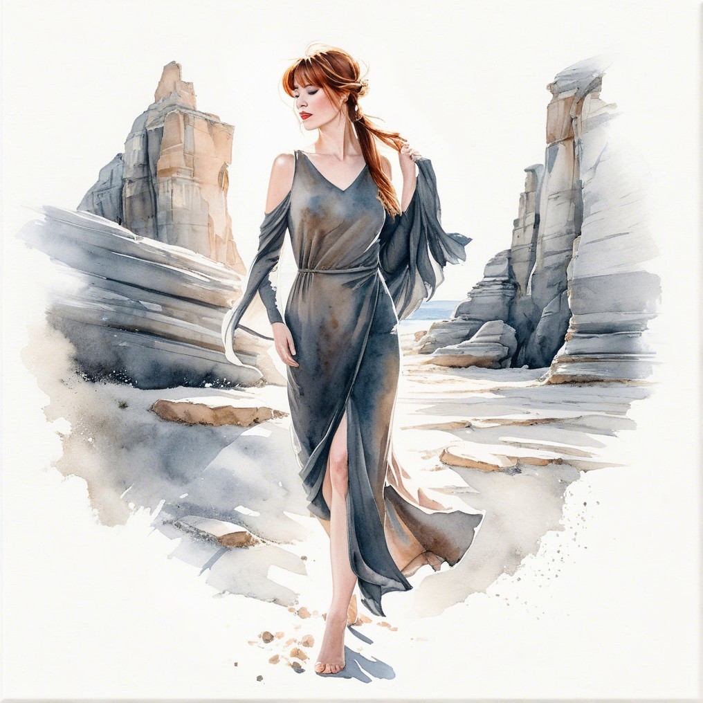 Woman in Gray Dress Amidst Rugged Landscape