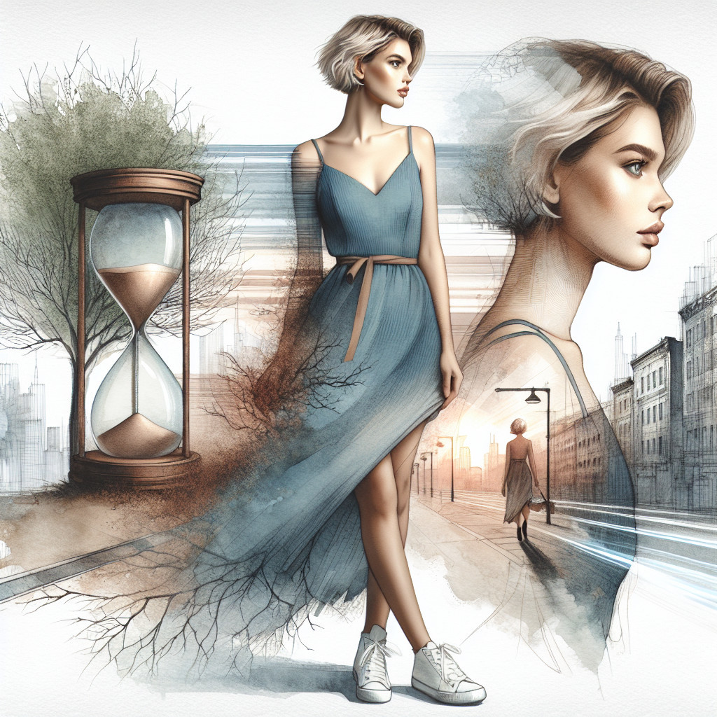 Young Woman in Blue Dress Against Watercolor Cityscape