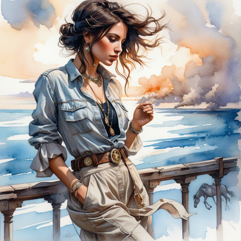 Woman in denim shirt by serene ocean backdrop