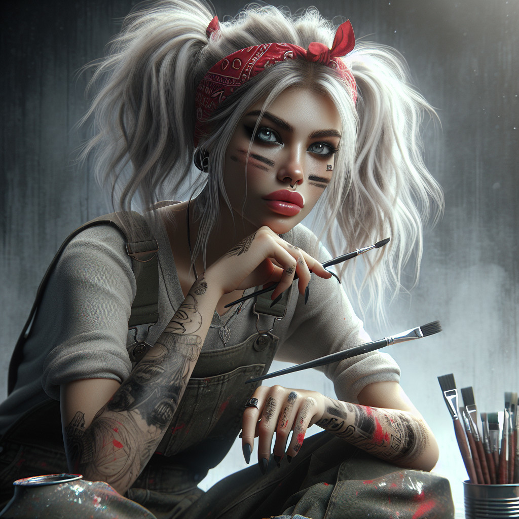 Young woman in pigtails with paintbrushes and tattoos